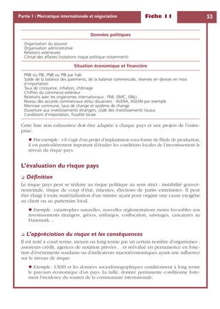 Fiche 11 53Partie 1 : Mercatique internationale et négociation
Cette liste non exhaustive doit être adaptée à chaque pays et aux projets de l’entre-
prise.
◆ Par exemple : s’il s’agit d’un projet d’implantation sous forme de ﬁliale de production,
il est particulièrement important d’étudier les conditions locales de l’investissement le
niveau du risque pays.
L’évaluation du risque pays
❏ Déﬁnition
Le risque pays peut se réduire au risque politique au sens strict : instabilité gouver-
nementale, risque de coup d’état, émeutes, élections de partis extrémistes. Il peut
être élargi à toute matérialisation d’un sinistre ayant pour origine une cause exogène
au client ou au partenaire local.
◆ Exemple : catastrophes naturelles, nouvelles réglementations moins favorables aux
investissements étrangers, grèves, embargos, conﬁscation, sabotages, caricatures au
Danemark…
❏ L’appréciation du risque et les conséquences
Il est noté à court terme, moyen ou long terme par un certain nombre d’organismes :
assureurs crédit, agences de notation privées… et réévalué en permanence en fonc-
tion d’événements soudains ou d’indicateurs macroéconomiques ayant une inﬂuence
sur le niveau de risque.
◆ Exemple : L’IDH et les données sociodémographiques conditionnent à long terme
le parcours économique d’un pays. La taille, donnée permanente conditionne forte-
ment l’incidence du soutien de la communauté internationale.
Données politiques
Organisation du pouvoir
Organisation administrative
Relations extérieures
Climat des affaires (notations risque politique notamment)
Situation économique et ﬁnancière
PNB ou PIB, PNB ou PIB par hab
Solde de la balance des paiements, de la balance commerciale, réserves en devises en mois
d’importation
Taux de croissance, inﬂation, chômage
Chiffres du commerce extérieur
Relations avec les organismes internationaux : FMI, OMC, ONU…
Niveau des accords commerciaux et/ou douaniers : ALENA, ASEAN par exemple
Monnaie commune, taux de change et système de change
Ouverture aux investissements étrangers, code des investissements locaux
Conditions d’importation, ﬁscalité locale
 