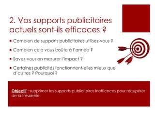 2. Vos supports publicitaires
actuels sont-ils efficaces ?
 Combien de supports publicitaires utilisez-vous ?
 Combien cela vous coûte à l’année ?
 Savez-vous en mesurer l’impact ?
 Certaines publicités fonctionnent-elles mieux que
d’autres ? Pourquoi ?
Objectif : supprimer les supports publicitaires inefficaces pour récupérer
de la trésorerie
 