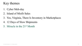 18
© Forrester Research, Inc. All rights reserved.
1. Cyber Meh-day
2. Island of Misfit Sales
3. Yes, Virginia, There Is Inventory in Marketplaces
4. 12 Days of Slow Shipments
5. Miracle in the 21st Month
Key themes
 
