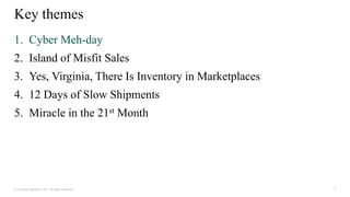 3
© Forrester Research, Inc. All rights reserved.
1. Cyber Meh-day
2. Island of Misfit Sales
3. Yes, Virginia, There Is Inventory in Marketplaces
4. 12 Days of Slow Shipments
5. Miracle in the 21st Month
Key themes
 