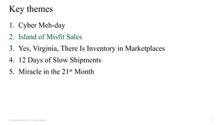 5
© Forrester Research, Inc. All rights reserved.
1. Cyber Meh-day
2. Island of Misfit Sales
3. Yes, Virginia, There Is Inventory in Marketplaces
4. 12 Days of Slow Shipments
5. Miracle in the 21st Month
Key themes
 