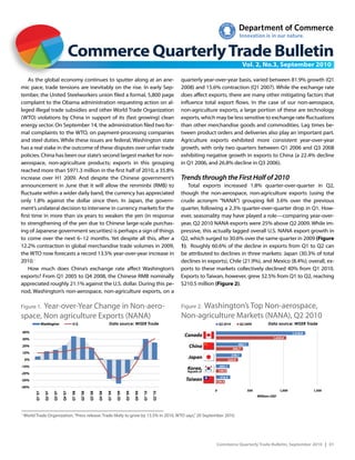 Commerce Quarterly Trade Bulletin
                                                                                                                                                                                          Vol. 2, No.3, September 2010

    As the global economy continues to sputter along at an ane-                                                                           quarterly year-over-year basis, varied between 81.9% growth (Q1
mic pace, trade tensions are inevitably on the rise. In early Sep-                                                                        2008) and 15.6% contraction (Q1 2007). While the exchange rate
tember, the United Steelworkers union filed a formal, 5,800 page                                                                          does affect exports, there are many other mitigating factors that
complaint to the Obama administration requesting action on al-                                                                            influence total export flows. In the case of our non-aerospace,
leged illegal trade subsidies and other World Trade Organization                                                                          non-agriculture exports, a large portion of these are technology
(WTO) violations by China in support of its (fast growing) clean                                                                          exports, which may be less sensitive to exchange rate fluctuations
energy sector. On September 14, the administration filed two for-                                                                         than other merchandise goods and commodities. Lag times be-
mal complaints to the WTO, on payment-processing companies                                                                                tween product orders and deliveries also play an important part.
and steel duties. While these issues are federal, Washington state                                                                        Agriculture exports exhibited more consistent year-over-year
has a real stake in the outcome of these disputes over unfair trade                                                                       growth, with only two quarters between Q1 2006 and Q3 2008
policies. China has been our state’s second largest market for non-                                                                       exhibiting negative growth in exports to China (a 22.4% decline
aerospace, non-agriculture products; exports in this grouping                                                                             in Q1 2006, and 26.8% decline in Q3 2006).
reached more than $971.3 million in the first half of 2010, a 35.8%
increase over H1 2009. And despite the Chinese government’s                                                                               Trends through the First Half of 2010
announcement in June that it will allow the renminbi (RMB) to                                                                                Total exports increased 1.8% quarter-over-quarter in Q2,
fluctuate within a wider daily band, the currency has appreciated                                                                         though the non-aerospace, non-agriculture exports (using the
only 1.8% against the dollar since then. In Japan, the govern-                                                                            crude acronym “NANA”) grouping fell 3.6% over the previous
ment’s unilateral decision to intervene in currency markets for the                                                                       quarter, following a 2.3% quarter-over-quarter drop in Q1. How-
first time in more than six years to weaken the yen (in response                                                                          ever, seasonality may have played a role—comparing year-over-
to strengthening of the yen due to Chinese large-scale purchas-                                                                           year, Q2 2010 NANA exports were 25% above Q2 2009. While im-
ing of Japanese government securities) is perhaps a sign of things                                                                        pressive, this actually lagged overall U.S. NANA export growth in
to come over the next 6–12 months. Yet despite all this, after a                                                                          Q2, which surged to 30.6% over the same quarter in 2009 (Figure
12.2% contraction in global merchandise trade volumes in 2009,                                                                            1). Roughly 60.6% of the decline in exports from Q1 to Q2 can
the WTO now forecasts a record 13.5% year-over-year increase in                                                                           be attributed to declines in three markets: Japan (30.3% of total
2010.1                                                                                                                                    declines in exports), Chile (21.9%), and Mexico (8.4%); overall, ex-
    How much does China’s exchange rate affect Washington’s                                                                               ports to these markets collectively declined 40% from Q1 2010.
exports? From Q1 2005 to Q4 2008, the Chinese RMB nominally                                                                               Exports to Taiwan, however, grew 32.5% from Q1 to Q2, reaching
appreciated roughly 21.1% against the U.S. dollar. During this pe-                                                                        $210.5 million (Figure 2).
riod, Washington’s non-aerospace, non-agriculture exports, on a

       Year-over-Year Change in Non-aero-
Figure 1.                                                                                                                                       Washington’s Top Non-aerospace,
                                                                                                                                          Figure 2.
Figure 1. Year-Over-Year Change in NANA                                                                                                               Figure 2. Washington's Top Five Markets, Q2 2010
space, Non agriculture Exports (NANA)
by Quarter 2007-2010                                                                                                                      Non-agriculture Markets (NANA), Q2 2010
                                                                                                                                                      Non-Aerospace, Non-Agriculture Goods (NANA)

                   Washington                    U.S.                                 Data source: WISER Trade                                                        Q2 2010            Q2 2009         Data source: WISER Trade

40%                                                                                                                                                                                                                       1,318.9
                                                                                                                                           CanadaCanada                                                      1,039.0
30%
                                                                                                                                                                                    482.1
20%                                                                                                                                          China        China
                                                                                                                                                                                 396.7
10%
                                                                                                                                                                                 378.1
    0%
                                                                                                                                             Japan        Japan
                                                                                                                                                                               324.9
-10%                                                                                                                                                                   203.1
                                                                                                                                            Korea,
                                                                                                                                           Korea, Republic Of
                                                                                                                                                                      159.5
                                                                                                                                            Republic of
-20%
                                                                                                                                                                    210.5
-30%                                                                                                                                        TaiwanTaiwan          129.5
-40%
                                                                                                                                                                  0                          500                  1,000             1,500
          Q1 '07

                     Q2 '07

                              Q3 '07

                                       Q4 '07

                                                Q1 '08

                                                         Q2 '08

                                                                  Q3 '08

                                                                           Q4 '08

                                                                                    Q1 '09

                                                                                             Q2 '09

                                                                                                      Q3 '09

                                                                                                               Q4 '09

                                                                                                                        Q1 '10

                                                                                                                                 Q2 '10




                                                                                                                                                                                                   Millions USD




1
    World Trade Organization, “Press release: Trade likely to grow by 13.5% in 2010, WTO says,” 20 September 2010.




                                                                                                                                                                  Commerce Quarterly Trade Bulletin, September 2010 | 01
 
