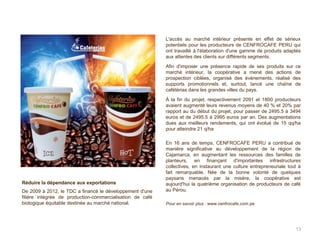 L'accès au marché intérieur présente en effet de sérieux
potentiels pour les producteurs de CENFROCAFE PERU qui
ont travaillé à l'élaboration d'une gamme de produits adaptés
aux attentes des clients sur différents segments.
Afin d'imposer une présence rapide de ses produits sur ce
marché intérieur, la coopérative a mené des actions de
prospection ciblées, organisé des évènements, réalisé des
supports promotionnels et, surtout, lancé une chaîne de
cafétérias dans les grandes villes du pays.
À la fin du projet, respectivement 2091 et 1800 producteurs
avaient augmenté leurs revenus moyens de 40 % et 20% par
rapport au du début du projet, pour passer de 2495.5 à 3494
euros et de 2495.5 à 2995 euros par an. Des augmentations
dues aux meilleurs rendements, qui ont évolué de 15 qq/ha
pour atteindre 21 q/ha
En 16 ans de temps, CENFROCAFE PERU a contribué de
manière significative au développement de la région de
Cajamarca, en augmentant les ressources des familles de
planteurs, en finançant d'importantes infrastructures
collectives, en instaurant une culture entrepreneuriale tout à
fait remarquable. Née de la bonne volonté de quelques
paysans menacés par la misère, la coopérative est
aujourd'hui la quatrième organisation de producteurs de café
au Pérou.
Pour en savoir plus : www.cenfrocafe.com.pe
13
Réduire la dépendance aux exportations
De 2009 à 2012, le TDC a financé le développement d'une
filière intégrée de production-commercialisation de café
biologique équitable destinée au marché national.
 