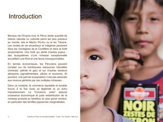 4
Berceau de l’Empire inca, le Pérou abrite quantité de
trésors naturels ou culturels parmi les plus précieux
au monde, tels le Machu Picchu ou le lac Titicaca.
Les modes de vie ancestraux et indigènes perdurent
dans les montagnes de la Cordillère et dans la forêt
amazonienne. Une forêt qui abrite d’autres joyaux :
des écosystèmes d’une richesse exceptionnelle
accueillant une flore et une faune insoupçonnables.
En termes économiques, les Péruviens peuvent
compter sur de nombreuses ressources naturelles
(minerais, pétrole et gaz) et sur d’autres secteurs
attrayants (agroalimentaire, pêche et tourisme). Et
pourtant, une part de la population n’est pas associée
aux revenus générés par ces multiples richesses…
Dans ce contexte, le commerce équitable et durable
trouve à la fois toute sa légitimité et un écho
impressionnant. Le "Comercio Justo" associe
croissance économique et juste redistribution de la
richesse produite au bénéfice du plus grand nombre,
en particulier des familles paysannes marginalisées.
Enfants du Pérou et chocolat équitable - Crédit : Eric Garnier / Alter Eco
Introduction
4
 