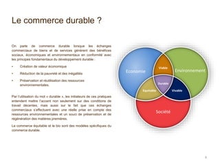 8
Le commerce durable ?
On parle de commerce durable lorsque les échanges
commerciaux de biens et de services génèrent des bénéfices
sociaux, économiques et environnementaux en conformité avec
les principes fondamentaux du développement durable :
• Création de valeur économique
• Réduction de la pauvreté et des inégalités
• Préservation et réutilisation des ressources
environnementales.
Par l’utilisation du mot « durable », les initiateurs de ces pratiques
entendent mettre l’accent non seulement sur des conditions de
travail décentes, mais aussi sur le fait que ces échanges
commerciaux s’effectuent avec une réelle prise en compte des
ressources environnementales et un souci de préservation et de
régénération des matières premières.
Le commerce équitable et le bio sont des modèles spécifiques du
commerce durable.
Environnement
Société
Equitable Vivable
Economie
Viable
Durable
 