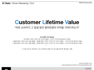 01 Data / Driven Marketing / CLV Mobile Commerce Story 
Customer Lifetime Value 
“어떤 소비자가 그 일생 동안 얼마만큼의 이익을 가져다주는가” 
[조성문의 실리콘밸리 이야기] 
http://sungmooncho.com/2011/11/21/customer-lifetime-value/ 
고객 생애 가치 (CLV): 
(첫 해에 고객이 가져다 준 이익의 총합) – (신규 고객 유치에 들어간 비용) 
+ (둘째 해에 고객이 남아 있을 확률) * ((둘째 해에 고객이 가져다 준 이익의 총합) – (고객 유지에 들어간 비용)) 
+ (셋째 해에 고객이 남아 있을 확률) * ((셋째 해에 고객이 가져다 준 이익의 총합) – (고객 유지에 들어간 비용)) 
+ … 
! 
그 다음 년도의 계산에서 나온 숫자에는 화폐 가치 감소를 감안해 “할인율” 적용 
 