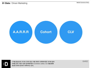 01 Data / Driven Marketing Mobile Commerce Story 
A.A.R.R.R Cohort CLV 
CTR을 중심으로 CPC와 CPS의 광고 비용 체계가 대부분이었던 과거와 달리 
마케팅 관리 지표가 점차 엄격해지면서 A.A.R.R.R, Cohort, CLV 등을 통해 
정교한 데이터 분석이 이루어지고 있다. 
 