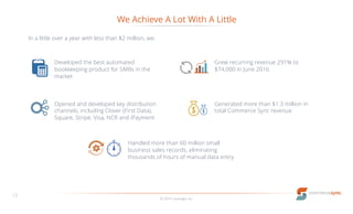 We Achieve A Lot With A Little
© 2016 LucaLogix, Inc.
12
Developed the best automated
bookkeeping product for SMBs in the
market
Opened and developed key distribution
channels, including Clover (First Data),
Square, Stripe, Visa, NCR and iPayment
In a little over a year with less than $2 million, we:
Grew recurring revenue 291% to
$74,000 in June 2016
Generated more than $1.3 million in
total Commerce Sync revenue
Handled more than 60 million small
business sales records, eliminating
thousands of hours of manual data entry
 