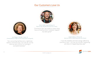 Our Customers Love Us
© 2016 LucaLogix, Inc.
9
“I love the reliability and time savings offered by
Commerce Sync. I can see the transfers happening
and rely on it happening every day!”
Angela Milano, Pitman, NJ
Second Chance Retail (Acquired via Clover)
“Our accounting had become a nightmare
before Commerce Sync, but now we use the
time we save to focus on running a
successful business.”
Lisa Maggio, Boulder Creek, CA
Central Avenue Paper & Print (Acquired via Square)
“Commerce Sync has saved us many, many
hours of manual entry. Customer support
has been great!”
Scott Carden, Spartanburg, SC
Banana Box Market (Acquired via Clover)
 