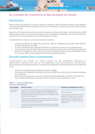 LE CONTEXTE DU COMMERCE ET DES DOUANES EN TUNISIE
9
Le contexte du commerce et des douanes en tunisie
Introduction
Depuis le début des années 90, la Tunisie a opté pour l’intégration dans l’économie mondiale. Cette intégration
s’est traduite par la libéralisation progressive de son commerce extérieur et l’instauration de zones de libre-échange
avec plusieurs pays.
Aujourd’hui, la Tunisie est liée avec des accords commerciaux à 50 pays de la région, représentant plus de 800
millions consommateurs, ce qui a fait de la Tunisie un terrain favorable aux investisseurs, qui s’ajoute aux facteurs
de proximité du marché européen et de la stabilité politique et sociale.
L’administration des douanes a conclu les conventions suivantes :
–– La Tunisie est Membre de l’OMC depuis le 29 mars 1995, de L’OMD depuis le 20 juillet 1966 et Membre
du GATT depuis le 29 août 1990.
–– La Tunisie est Membre de la CNUCED et Membre du Conseil du commerce et du développement,
–– La Tunisie adhère à la Convention Kyoto révisée et en devient la 112ème partie contractante le 25 juillet 2017
–– Avec l’Union Européenne, elle a conclu un accord le 17/07/1995, entré en vigueur 01/03/1998. En date
du 1er janvier 2008, tous les produits industriels sont totalement exonérés
Accords commerciaux et partenariats
L’administration des douanes en Tunisie s’appuie sur des dispositions législatives et
réglementaires nationales ainsi que sur des dispositions issues des conventions internationales.
Les conventions internationales douanières ou comprenant des dispositions à caractère douanier sont principalement
issues:
–– Des travaux de l’Organisation Mondiale des Douanes (OMD) ;
–– Des travaux de l’Organisation Mondiale du Commerce (OMC) qui visent à éliminer les barrières tarifaires
et non tarifaires ;
–– Des travaux et des décisions des autres institutions internationales telles que l’ONU, la CNUCED, etc...
–– Des conventions bilatérales ou régionales entre la Tunisie et d’autres pays frères et amis.
Tableau 1 : Accords et Partenariats
Conventions Multilatérales
Pays engagés Texte de l’accord Information complémentaire et liens
Les Pays de la
Ligue Arabe
Les relations commerciales entre la Tunisie et les Pays Arabes sont
régies par la Convention de facilitation et de développement des
échanges commerciaux inter-arabes en date du 27/02/1981 et son
Programme exécutif en date du 19/02/1997 pour l’instauration d’une
zone de libre échange arabe.
Cette Convention prévoit l’exonération totale des droits de douane
et taxes d’effets équivalents pour les produits originaires et importés
directement de l’un des pays membres.
Les produits concernés par le régime privilégié sont ceux originaires
et importés directement des pays arabes, à l’exception des produits
prohibés ou exclus.
https://www.douane.gov.tn/?s=Conventions
Les Pays Membres
L’Arabie Saoudite, le Bahreïn, les Emirats
Arabes Unis, l’Egypte, l’Iraq, la Jordanie,
le Koweït, le Liban, la Libye, le Maroc, le
Sultanat d’Oman, le Qatar, la Syrie et la
Tunisie, le Soudan, le Yémen et l’Autorité
Palestinienne.
Tunisie-FR.indd 9 08/03/2019 14:53
 
