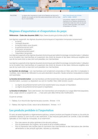 LE CONTEXTE DU COMMERCE ET DES DOUANES EN TUNISIE
13
PALESTINE Le régime des importations à partir de la Palestine est régi par la
décision du congrès du Sommet arabe extraordinaire réuni au Caire
les 21 et 22/10/2000.
https://www.douane.gov.tn/index.
php?id=546L=825447
Les produits, matières et marchandises
originaires de la Palestine bénéficient de
l’exonération totale des droits de douane
et taxes d’effet équivalent, avec liberté
d’importation en Tunisie.
Régimes d’importation et d’exportation du pays:
Références : Code des douanes 2008 (https://www.douane.gov.tn/index.php?id=688)
Les régimes suspensifs, les régimes douaniers économiques et l’exportation temporaire comprennent :
–– le transit ;
–– l’entrepôt douanier ;
–– la transformation sous douane ;
–– le perfectionnement actif;
–– l’admission temporaire ;
–– le perfectionnement passif ;
–– l’exportation temporaire.
Les régimes suspensifs et les régimes douaniers économiques permettent le stockage, la transformation, l’utilisation
ou la circulation des marchandises en suspension des droits de douane et des taxes intérieures exigibles ainsi
que de tout autre droit ou taxe dont sont passibles ces marchandises
Les régimes suspensifs et les régimes douaniers économiques permettent le stockage, la transformation, l’utilisation
ou la circulation des marchandises en suspension des droits de douane et des taxes intérieures exigibles ainsi
que de tout autre droit ou taxe dont sont passibles ces marchandises
La fonction de stockage : Les marchandises sont simplement conservées en l’état, sans être ni employées ni
modifiées, dans l’attente de l’affectation à une autre destination douanière. Seules certaines manipulations simples
sont autorisées.
La fonction de transformation :Les marchandisesvontêtretransforméesetsubirdes opérationsdeperfectionnement
(transformation, ouvraison ou réparation) qui vont en modifier l’état. Cette fonction couvre :
–– Le régime de perfectionnement actif et de transformation sous douane à l’importation.
–– Le régime de perfectionnement passif à l’exportation.
La fonction d’utilisation : Dans cette fonction, les marchandises sont employées à un usage déterminé (exposition,
essai, usage culturel ou suspensif, etc. …) mais sans subir elles-mêmes des modifications
Ci-joint en annexe :
1 – Tableau d’un résumé des régimes les plus courants : Annexe : 4-16
2 – Tableau des régimes (Code, nature de la déclaration) : Annexe : 4-17
Les produits prohibés à l’importation
En vertu de textes législatifs ou réglementaires spéciaux, certains produits sont frappés à l’entrée ou à la sortie de
prohibition absolue ou sont soumis à des restrictions, à des mesures particulières de contrôle, à des formalités
spéciales ou font l’objet de monopoles, et ce notamment :
–– Pour des raisons de police générale et de sécurité publique,
–– Pour la préservation de l’hygiène, de la santé et de la moralité publique,
–– Pour la répression des fraudes dans le commerce des marchandises et des fabrications des denrées
alimentaires ou des produits agricoles, naturels ou industriels,
Tunisie-FR.indd 13 08/03/2019 14:53
 