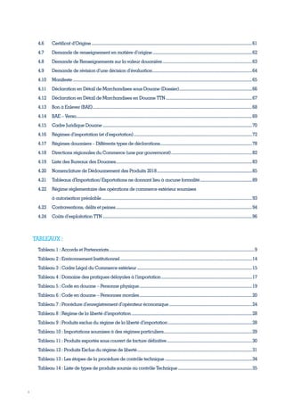 4
4.6	 Certificat d’Origine..................................................................................................................................................61
4.7	 Demande de renseignement en matière d’origine...........................................................................................62
4.8	 Demande de Renseignements sur la valeur douanière..................................................................................63
4.9	 Demande de révision d’une décision d’évaluation...........................................................................................64
4.10	Manifeste...................................................................................................................................................................65
4.11	 Déclaration en Détail de Marchandises sous Douane (Dossier)...................................................................66
4.12	 Déclaration en Détail de Marchandises en Douane TTN...............................................................................67
4.13	 Bon à Enlever (BAE).................................................................................................................................................68
4.14	 BAE – Verso................................................................................................................................................................69
4.15	 Cadre Juridique Douane........................................................................................................................................70
4.16	 Régimes d’importation (et d’exportation)............................................................................................................72
4.17	 Régimes douaniers – Différents types de déclarations....................................................................................78
4.18	 Directions régionales du Commerce (une par gouvernorat)..........................................................................82
4.19	 Liste des Bureaux des Douanes............................................................................................................................83
4.20	 Nomenclature de Dédouanement des Produits 2018.......................................................................................85
4.21	 Tableaux d’Importation/ Exportations ne donnant lieu à aucune formalité................................................89
4.22	Régime règlementaire des opérations de commerce extérieur soumises
	 à autorisation préalable.........................................................................................................................................93
4.23	 Contraventions, délits et peines............................................................................................................................94
4.24	 Coûts d’exploitation TTN........................................................................................................................................96
TABLEAUX :
Tableau 1 : Accords et Partenariats....................................................................................................................................9
Tableau 2 : Environnement Institutionnel........................................................................................................................14
Tableau 3 : Cadre Légal du Commerce extérieur.........................................................................................................15
Tableau 4 : Domaine des pratiques déloyales à l’importation...................................................................................17
Tableau 5 : Code en douane – Personne physique.......................................................................................................19
Tableau 6 : Code en douane – Personnes morales.......................................................................................................20
Tableau 7 : Procédure d’enregistrement d’opérateur économique............................................................................24
Tableau 8 : Régime de la liberté d’importation..............................................................................................................28
Tableau 9 : Produits exclus du régime de la liberté d’importation.............................................................................28
Tableau 10 : Importations soumises à des régimes particuliers.................................................................................29
Tableau 11 : Produits exportés sous couvert de facture définitive..............................................................................30
Tableau 12 : Produits Exclus du régime de liberté.........................................................................................................31
Tableau 13 : Les étapes de la procédure de contrôle technique................................................................................34
Tableau 14 : Liste de types de produits soumis au contrôle Technique....................................................................35
Tunisie-FR.indd 4 08/03/2019 14:53
 