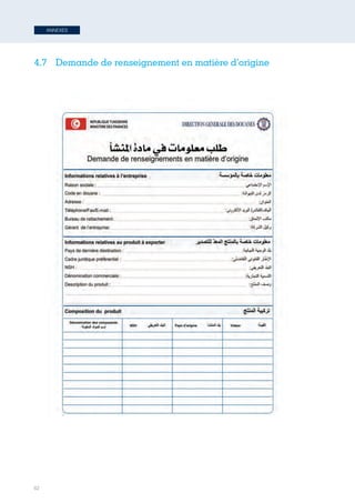 62
ANNEXES
4.7	 Demande de renseignement en matière d’origine
68
4.7 –	
  Demande	
  de	
  renseignement	
  en	
  matière	
  d’origine	
  
Tunisie-FR.indd 62 08/03/2019 14:53
 