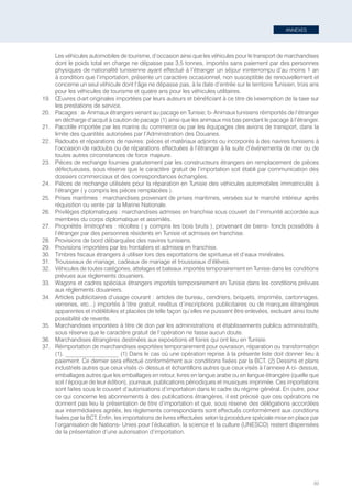 ANNEXES
89
Les véhicules automobiles de tourisme, d’occasion ainsi que les véhicules pour le transport de marchandises
dont le poids total en charge ne dépasse pas 3,5 tonnes, importés sans paiement par des personnes
physiques de nationalité tunisienne ayant effectué à l’étranger un séjour ininterrompu d’au moins 1 an
à condition que l’importation, présente un caractère occasionnel, non susceptible de renouvellement et
concerne un seul véhicule dont l’âge ne dépasse pas, à la date d’entrée sur le territoire Tunisien, trois ans
pour les véhicules de tourisme et quatre ans pour les véhicules utilitaires.
19.	 Œuvres d›art originales importées par leurs auteurs et bénéficiant à ce titre de l›exemption de la taxe sur
les prestations de service.
20.	 Pacages : a- Animaux étrangers venant au pacage en Tunisie; b- Animaux tunisiens réimportés de l’étranger
en décharge d’acquit à caution de pacage (1) ainsi que les animaux mis bas pendant le pacage à l’étranger.
21.	 Pacotille importée par les marins du commerce ou par les équipages des avions de transport, dans la
limite des quantités autorisées par l’Administration des Douanes.
22.	 Radoubs et réparations de navires: pièces et matériaux adjoints ou incorporés à des navires tunisiens à
l’occasion de radoubs ou de réparations effectuées à l’étranger à la suite d’événements de mer ou de
toutes autres circonstances de force majeure.
23.	 Pièces de rechange fournies gratuitement par les constructeurs étrangers en remplacement de pièces
défectueuses, sous réserve que le caractère gratuit de l’importation soit établi par communication des
dossiers commerciaux et des correspondances échangées.
24.	 Pièces de rechange utilisées pour la réparation en Tunisie des véhicules automobiles immatriculés à
l’étranger ( y compris les pièces remplacées ).
25.	 Prises maritimes : marchandises provenant de prises maritimes, versées sur le marché intérieur après
réquisition ou vente par la Marine Nationale.
26.	 Privilèges diplomatiques : marchandises admises en franchise sous couvert de l’immunité accordée aux
membres du corps diplomatique et assimilés.
27.	 Propriétés limitrophes : récoltes ( y compris les bois bruts ), provenant de biens- fonds possédés à
l’étranger par des personnes résidents en Tunisie et admises en franchise.
28.	 Provisions de bord débarquées des navires tunisiens.
29.	 Provisions importées par les frontaliers et admises en franchise.
30.	 Timbres fiscaux étrangers à utiliser lors des exportations de spiritueux et d’eaux minérales.
31.	 Trousseaux de mariage, cadeaux de mariage et trousseaux d’élèves.
32.	 Véhicules de toutes catégories, attelages et bateaux importés temporairement en Tunisie dans les conditions
prévues aux règlements douaniers.
33.	 Wagons et cadres spéciaux étrangers importés temporairement en Tunisie dans les conditions prévues
aux réglements douaniers.
34.	 Articles publicitaires d’usage courant : articles de bureau, cendriers, briquets, imprimés, cartonnages,
verreries, etc...) importés à titre gratuit, revêtus d’inscriptions publicitaires ou de marques étrangères
apparentes et indélébiles et placées de telle façon qu’elles ne puissent être enlevées, excluant ainsi toute
possibilité de revente.
35.	 Marchandises importées à titre de don par les administrations et établissements publics administratifs,
sous réserve que le caractère gratuit de l’opération ne fasse aucun doute.
36.	 Marchandises étrangères destinées aux expositions et foires qui ont lieu en Tunisie.
37.	 Réimportation de marchandises exportées temporairement pour ouvraison, réparation ou transformation
(1). __________________ (1) Dans le cas où une opération reprise à la présente liste doit donner lieu à
paiement. Ce dernier sera effectué conformément aux conditions fixées par la BCT. (2) Dessins et plans
industriels autres que ceux visés ci- dessus et échantillons autres que ceux visés à l’annexe A ci- dessus,
emballages autres que les emballages en retour, livres en langue arabe ou en langue étrangère (quelle que
soit l’époque de leur édition), journaux, publications périodiques et musiques imprimée. Ces importations
sont faites sous le couvert d’autorisations d’importation dans le cadre du régime général. En outre, pour
ce qui concerne les abonnements à des publications étrangères, il est précisé que ces opérations ne
donnent pas lieu la présentation de titre d’importation et que, sous réserve des délégations accordées
aux intermédiaires agréés, les règlements correspondants sont effectués conformément aux conditions
fixées par la BCT. Enfin, les importations de livres effectuées selon la procédure spéciale mise en place par
l’organisation de Nations- Unies pour l’éducation, la science et la culture (UNESCO) restent dispensées
de la présentation d’une autorisation d’importation.
Tunisie-FR.indd 89 08/03/2019 14:53
 