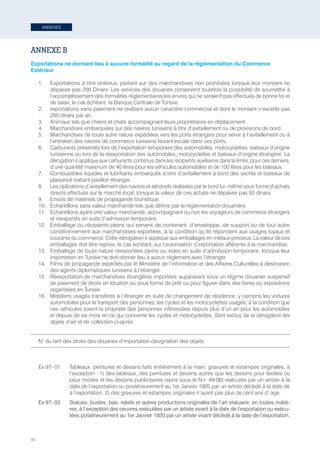 90
ANNEXES
ANNEXE B
Exportations ne donnant lieu à aucune formalité au regard de la réglementation du Commerce
Extérieur
1.	 Exportations à titre onéreux, portant sur des marchandises non prohibées lorsque leur montant ne
dépasse pas 200 Dinars. Les services des douanes conservent toutefois la possibilité de soumettre à
l’accomplissement des formalités réglementaires les envois qui ne seraient pas effectués de bonne foi et
de saisir, le cas échéant, la Banque Centrale de Tunisie.
2.	 exportations sans paiement ne revêtant aucun caractère commercial et dont le montant n’excède pas
200 dinars par an.
3.	 Animaux tels que chiens et chats accompagnant leurs propriétaires en déplacement.
4.	 Marchandises embarquées sur des navires tunisiens à titre d’avitaillement ou de provisions de bord.
5.	 Marchandises de toute autre nature expédiées vers les ports étrangers pour servir à l’avitaillement ou à
l’entretien des navires de commerce tunisiens faisant escale dans ces ports.
6.	 Carburants présentés lors de l’exportation temporaire des automobiles, motocyclettes, bateaux d’origine
tunisienne ou lors de la réexportation des automobiles, motocyclettes et bateaux d’origine étrangère. La
dérogation s’applique aux carburants contenus dans les récipients auxiliaires dans la limite, pour ces derniers,
d’une quantité maximum de 40 litres pour les véhicules automobiles et de 100 litres pour les bateaux.
7.	 Combustibles liquides et lubrifiants embarqués à titre d’avitaillement à bord des yachts et bateaux de
plaisance battant pavillon étranger.
8.	 Les opérations d’avitaillement des navires et aéronefs réalisées par le bord lui- même sous forme d’achats
directs effectués sur le marché local, lorsque la valeur de ces achats ne dépasse pas 50 dinars.
9.	 Envois de matériels de propagande touristique.
10.	 Echantillons sans valeur marchande tels que définis par la réglementation douanière.
11.	 Echantillons ayant une valeur marchande, accompagnant ou non les voyageurs de commerce étrangers
et réexportés en suite d’admission temporaire.
12.	 Emballage ou récipients pleins qui servent de contenant, d’enveloppe, de support ou de tout autre
conditionnement aux marchandises exportées, à la condition qu’ils répondent aux usages loyaux et
courants du commerce. Cette dérogation s’applique aux emballages en métaux précieux. La valeur de ces
emballages doit être reprise, le cas échéant, sur l’autorisation d’exportation afférente à la marchandise.
13.	 Emballage de toute nature réexportées pleins ou vides en suite d’admission temporaire, lorsque leur
importation en Tunisie ne doit donner lieu à aucun réglement avec l’étranger.
14.	 Films de propagande expédiés par le Ministère de l’information et des Affaires Culturelles à destination
des agents diplomatiques tunisiens à l’étranger.
15.	 Réexportation de marchandises étrangères importées auparavant sous un régime douanier suspensif
de paiement de droits en location ou sous forme de prêt ou pour figurer dans des foires ou expositions
organisées en Tunisie.
16.	 Mobiliers usagés transférés à l’étranger en suite de changement de résidence, y compris les voitures
automobiles pour le transport des personnes, les cycles et les motocyclettes usagés, à la condition que
ces véhicules soient la propriété des personnes intéressées depuis plus d’un an pour les automobiles
et depuis de six mois en ce qui concerne les cycles et motocyclettes. Sont exclus de la dérogation les
objets d’art et de collection ci-après :
N° du tarif des droits des douanes d’importation désignation des objets
Ex 97- 01	Tableaux, peintures et dessins faits entièrement à la main, gravures et estampes originales, à
l’exception : 1) des tableaux, des peintures et dessins autres que les dessins pour textiles ou
pour modes et les dessins publicitaires repris sous le N∞ 49-06) exécutés par un artiste à la
date de l’exportation ou postérieurement au 1er Janvier 1920 par un artiste décédé à la date de
à l’exportation. 2) des gravures et estampes originales n’ayant pas plus de cent ans d’ age.
Ex 97- 03		Statues, bustes, bas- reliefs et autres productions originales de l’art statuaire, en toutes matiè-
res, à l’exception des oeuvres exécutées par un artiste vivant à la date de l’exportation ou exécu-
tées postérieurement au 1er Janvier 1920 par un artiste vivant décédé à la date de l’exportation.
Tunisie-FR.indd 90 08/03/2019 14:53
 