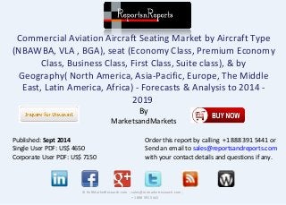 Commercial Aviation Aircraft Seating Market by Aircraft Type 
(NBAWBA, VLA , BGA), seat (Economy Class, Premium Economy 
Class, Business Class, First Class, Suite class), & by 
Geography( North America, Asia-Pacific, Europe, The Middle 
East, Latin America, Africa) - Forecasts & Analysis to 2014 - 
2019 
By 
MarketsandMarkets 
© RnRMarketResearch.com ; sales@rnrmarketresearch.com ; 
+1 888 391 5441 
Published: Sept 2014 
Single User PDF: US$ 4650 
Corporate User PDF: US$ 7150 
Order this report by calling +1 888 391 5441 or 
Send an email to sales@reportsandreports.com 
with your contact details and questions if any. 
 