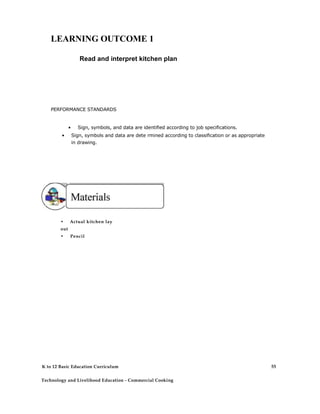 LEARNING OUTCOME 1 
Read and interpret kitchen plan 
PERFORMANCE STANDARDS 
• Sign, symbols, and data are identified according to job specifications. 
• Sign, symbols and data are dete rmined according to classification or as appropriate in drawing. 
• Actual kitchen lay out 
• Pencil 
• Bondpaper 
K to 12 Basic Education Curriculum 
Technology and Livelihood Education - Commercial Cooking 
55  