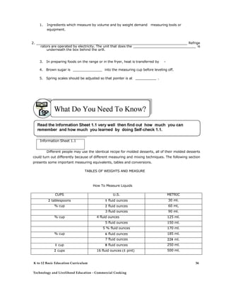 1. Ingredients which measure by volume and by weight demand measuring tools or
equipment.
2. ___________________________________________________________________________________ Refrige
rators are operated by electricity. The unit that does the ______________________________ is
underneath the box behind the grill.
3. In preparing foods on the range or in the fryer, heat is transferred by -
4. Brown sugar is ______________ into the measuring cup before leveling off.
5. Spring scales should be adjusted so that pointer is at __________ .
Information Sheet 1.1
Different people may use the identical recipe for molded desserts, all of their molded desserts
could turn out differently because of different measuring and mixing techniques. The following section
presents some important measuring equivalents, tables and conversions.
TABLES OF WEIGHTS AND MEASURE
How To Measure Liquids
CUPS U.S. METRIC
2 tablespoons 1 fluid ounces 30 ml.
% cup 2 fluid ounces 60 ml,
3 fluid ounces 90 ml.
% cup 4 fluid ounces 125 ml.
5 fluid ounces 150 ml.
5 % fluid ounces 170 ml.
% cup 6 fluid ounces 185 ml.
7 fluid ounces 220 ml.
1 cup 8 fluid ounces 250 ml.
2 cups 16 fluid ounces (1 pint) 500 ml.
K to 12 Basic Education Curriculum
Technology and Livelihood Education - Commercial Cooking
36
 