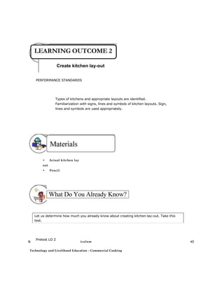 Create kitchen lay-out
PERFORMANCE STANDARDS
Types of kitchens and appropriate layouts are identified.
Familiarization with signs, lines and symbols of kitchen layouts. Sign,
lines and symbols are used appropriately.
• Actual kitchen lay
out
• Pencil
• Bondpapers
What Do You Already Know?
Let us determine how much you already know about creating kitchen lay-out. Take this
test.
K
Pretest LO 2
iculum 62
Technology and Livelihood Education - Commercial Cooking
 