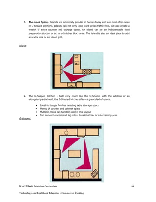 3. The Island Option. Islands are extremely popular in homes today and are most often seen
in L-Shaped kitchens. Islands can not only keep work areas traffic-free, but also create a
wealth of extra counter and storage space. An island can be an indispensable food
preparation station or act as a butcher block area. The island is also an ideal place to add
an extra sink or an island grill.
Island:
4. The G-Shaped Kitchen - Built very much like the U-Shaped with the addition of an
elongated partial wall, the G-Shaped kitchen offers a great deal of space.
• Ideal for larger families needing extra storage space
• Plenty of counter and cabinet space
• Multiple cooks can function well in this layout
• Can convert one cabinet leg into a breakfast bar or entertaining area
G-shaped:
K to 12 Basic Education Curriculum 66
Technology and Livelihood Education - Commercial Cooking
 