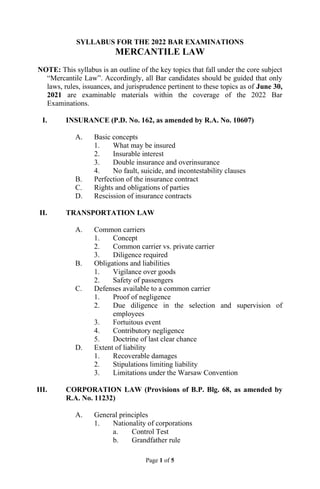Page 1 of 5
SYLLABUS FOR THE 2022 BAR EXAMINATIONS
MERCANTILE LAW
NOTE: This syllabus is an outline of the key topics that fall under the core subject
“Mercantile Law”. Accordingly, all Bar candidates should be guided that only
laws, rules, issuances, and jurisprudence pertinent to these topics as of June 30,
2021 are examinable materials within the coverage of the 2022 Bar
Examinations.
I. INSURANCE (P.D. No. 162, as amended by R.A. No. 10607)
A. Basic concepts
1. What may be insured
2. Insurable interest
3. Double insurance and overinsurance
4. No fault, suicide, and incontestability clauses
B. Perfection of the insurance contract
C. Rights and obligations of parties
D. Rescission of insurance contracts
II. TRANSPORTATION LAW
A. Common carriers
1. Concept
2. Common carrier vs. private carrier
3. Diligence required
B. Obligations and liabilities
1. Vigilance over goods
2. Safety of passengers
C. Defenses available to a common carrier
1. Proof of negligence
2. Due diligence in the selection and supervision of
employees
3. Fortuitous event
4. Contributory negligence
5. Doctrine of last clear chance
D. Extent of liability
1. Recoverable damages
2. Stipulations limiting liability
3. Limitations under the Warsaw Convention
III. CORPORATION LAW (Provisions of B.P. Blg. 68, as amended by
R.A. No. 11232)
A. General principles
1. Nationality of corporations
a. Control Test
b. Grandfather rule
 