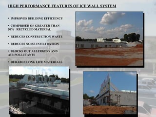 HIGH PERFORMANCE FEATURES OF ICF WALL SYSTEM IMPROVES BUILDING EFFICIENCY COMPRISED OF GREATER THAN 50%  RECYCLED MATERIAL REDUCES CONSTRUCTION WASTE REDUCES NOISE INFILTRATION BLOCKS OUT ALLERGENS AND AIR POLLUTANTS DURABLE LONG LIFE MATERIALS 