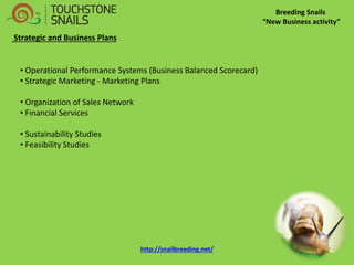 Breeding Snails “New Business activity” Strategic and Business Plans 
• Operational Performance Systems (Business Balanced Scorecard) 
• Strategic Marketing - Marketing Plans 
• Organization of Sales Network 
• Financial Services 
• Sustainability Studies 
• Feasibility Studies 
http://snailbreeding.net/  