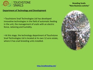 Breeding Snails “New Business activity” Department of Technology and Development 
• Touchstone Snail Technologies Ltd has developed innovative technologies in the field of automatic feeding in the unit, the management of snails with an electric fence, rationing and humidity. 
• At this stage, the technology department of Touchstone Snail Technologies Ltd is located at its own 12 acre estate, where it has snail breeding units installed. 
http://snailbreeding.net/  