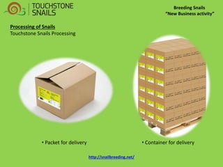 Breeding Snails “New Business activity” Processing of Snails Touchstone Snails Processing 
• Packet for delivery 
• Container for delivery 
http://snailbreeding.net/  