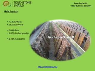 Breeding Snails “New Business activity” Helix Aspersa 
• 79.46% Water 
• 14.56% Protein 
• 0.69% Fats 
• 3.87% Carbohydrates 
• 1.42% Ash (salts) http://snailbreeding.net/  