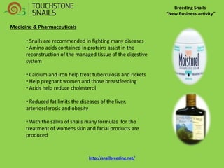 Breeding Snails “New Business activity” Medicine & Pharmaceuticals 
• Snails are recommended in fighting many diseases 
• Amino acids contained in proteins assist in the reconstruction of the managed tissue of the digestive system 
• Calcium and iron help treat tuberculosis and rickets 
• Help pregnant women and those breastfeeding 
• Acids help reduce cholesterol 
• Reduced fat limits the diseases of the liver, arteriosclerosis and obesity 
• With the saliva of snails many formulas for the treatment of womens skin and facial products are produced http://snailbreeding.net/  