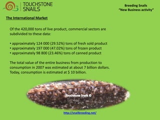 Breeding Snails “New Business activity” The International Market Of the 420,000 tons of live product, commercial sectors are subdivided to these data: 
• approximately 124 000 (29.52%) tons of fresh sold product 
• approximately 197 000 (47.02%) tons of frozen product 
• approximately 98 800 (23.46%) tons of canned product The total value of the entire business from production to consumption in 2007 was estimated at about 7 billion dollars. Today, consumption is estimated at $ 10 billion. http://snailbreeding.net/  