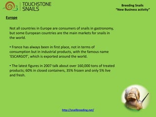 Breeding Snails “New Business activity” Europe Not all countries in Europe are consumers of snails in gastronomy, but some European countries are the main markets for snails in the world. 
• France has always been in first place, not in terms of consumption but in industrial products, with the famous name 'ESCARGOT', which is exported around the world. 
• The latest figures in 2007 talk about over 160,000 tons of treated products; 60% in closed containers, 35% frozen and only 5% live and fresh. http://snailbreeding.net/  