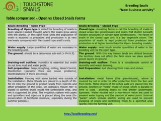 Breeding Snails “New Business activity” Table comparison - Open vs Closed Snails Farms http://snailbreeding.net/  