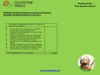 Breeding Snails “New Business activity” PROPOSAL B Indicative Statement of revenue and expenses EXPENSES FOR INSTALLATION OF 2 X 10 X 50 m 
Consulting and Expertise services for Tunnel type snail farms of 1000 m2 
1.On site visit to your premises for inspection and directions regarding your land configuration and installation of a tunnel-type snail farm (2x10x50). 
2.Delivery of operating manuals and thorough explanation about the resources needed for building a tunnel-type snail farm (2x10x50). 
3.Delivery of Farm installation manuals, explanation the installation processing in full details. 
4.Monthly work plan for snail farm management and other technical details are also provided. 
5.Second visit for snail farm accreditation and snail positioning is within our obligations. 
TOTAL INVESTMENT (VAT not included) 
€7,500 
http://snailbreeding.net/  