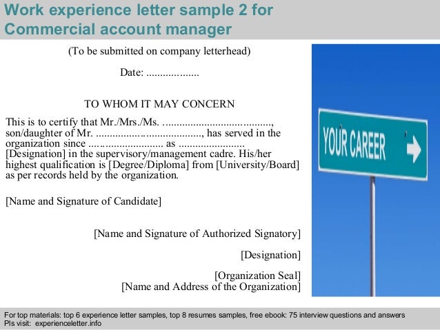 commercial-account-manager-experience-letter