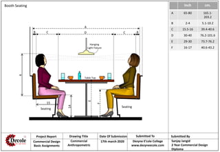 Inch cm.
A 65-80 165.1-
203.2
B 2-4 5.1-10.2
C 15.5-16 39.4-40.6
D 30-40 76.2-101.6
E 29-30 73.7-76.2
F 16-17 40.6-43.2
Booth Seating
B BCD
A
C
E
F
4
15
14
Seating
Seating
Hanging
Light Fixture
Table Top
Project Report Drawing Title Date Of Submission Submitted To Submitted By
Commercial Design
Basic Assignments
Commercial
Anthropometric
17th march 2020 Dezyne E’cole College
www.dezyneecole.com
Sanjay Jangid
2 Year Commercial Design
Diploma
 