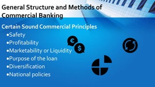 General Structure and Methods of
Commercial Banking
Certain Sound Commercial Principles
Safety
Profitability
Marketability or Liquidity
Purpose of the loan
Diversification
National policies
 