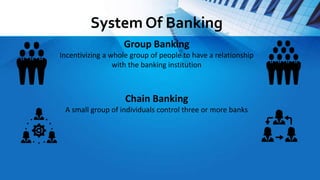 System Of Banking
Chain Banking
A small group of individuals control three or more banks
Group Banking
Incentivizing a whole group of people to have a relationship
with the banking institution
 