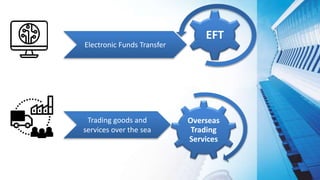 Overseas
Trading
Services
EFT
Electronic Funds Transfer
Trading goods and
services over the sea
 