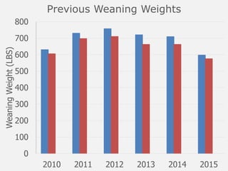 0
100
200
300
400
500
600
700
800
2010 2011 2012 2013 2014 2015
WeaningWeight(LBS) Previous Weaning Weights
 