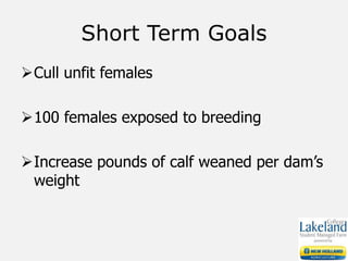 Short Term Goals
Cull unfit females
100 females exposed to breeding
Increase pounds of calf weaned per dam’s
weight
 
