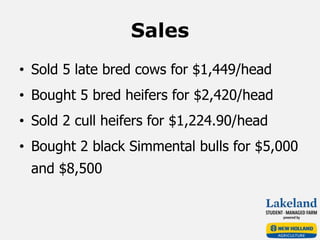 Sales
• Sold 5 late bred cows for $1,449/head
• Bought 5 bred heifers for $2,420/head
• Sold 2 cull heifers for $1,224.90/head
• Bought 2 black Simmental bulls for $5,000
and $8,500
 