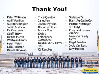 Thank You!
• Peter Wilkinson
• April Warrilow
• Austin Partington
• Jamie Anderson
• Dr. Kent Weir
• Geoff Brown
• Denise Martin
• Westman Farms
• Peter Walsh
• Leila Hickman
• Darrell Hickman
• Tracy Quinton
• Janet Kerr
• Jessica Hyrciuk
• Bevin Hamilton
• Marisa Moe
• Craig’s
• Embroidery
Xpressions
• Double Bar D Farms
• JBS
• CL Ranches
• Soderglen’s
• Blairs.Ag Cattle Co.
• Michael Verstegen
• Jim Pulyk
• Doug and Larene
Zimmer
• Isaacson Family
Farms
• Hagel Feeders
• Josie Van Lent
• New Holland
 
