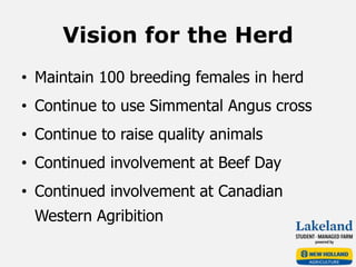 Vision for the Herd
• Maintain 100 breeding females in herd
• Continue to use Simmental Angus cross
• Continue to raise quality animals
• Continued involvement at Beef Day
• Continued involvement at Canadian
Western Agribition
 