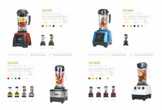 CB-020T
(Automatic timer + Speed + Pulse)
Power : 1200W-1500W (Max. 28000~35000rpm)
Gift Box : 320*260*410mm / G.W: 5.5kgs
20’ 40’ 40HQ
760pcs 1590pcs 1850pcs
CB-660S
(Automatic timer + Speed + Pulse)
Adjustable speed controls with pulse
Great for soups, salsas, sauces,
desserts, dressings and beverages
Wave-action system of special blades design
and ingredient crushing rib of blending jug
CB-680E
(Automatic timer + Speed + Pulse)
Power : 1200W-1500W (Max. 28000~35000rpm)
Gift Box : 320*260*410mm / G.W: 5.5kgs
20’ 40’ 40HQ
760pcs 1590pcs 1850pcs
CB-7600T
(Automatic timer + Speed + Pulse)
Adjustable speed controls with pulse
Great for soups, salsas, sauces,
desserts, dressings and beverages
Wave-action system of special blades design
and ingredient crushing rib of blending jug
2.0L
2.0L(S)2.0L (R)
2.0L 2.0L(W)
1.5L 2.0L(S) 2.0L (R) 2.5L
1.5L1.2L
Power : 1500W-2200W ( Max.35000~40000rpm)
Gift Box : 330*450*310mm / G.W: 6.0kgs
20’ 40’ 40HQ
560pcs 1120pcs 1300pcs
Power : 1500W-2200W ( Max.35000~40000rpm)
Gift Box : 330*450*310mm / G.W: 6.0kgs
20’ 40’ 40HQ
560pcs 1120pcs 1300pcs
 