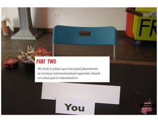 PART TWO
We look to place you into paid placements
at various communications agencies, based
on what you’re interested in
 