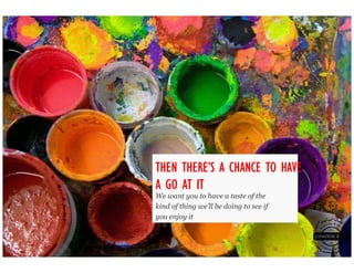 THERE’
THEN THERE’S A CHAT AND A
CHANCE TO HAVE A GO AT IT
It’s our chance to find out more about
you, and for you to share all those
ideas you’ve got in your head




                                              THERE’
                                         THEN THERE’S A CHANCE TO HAVE
                                         A GO AT IT
                                         We want you to have a taste of the
                                         kind of thing we’ll be doing to see if
                                         you enjoy it
 