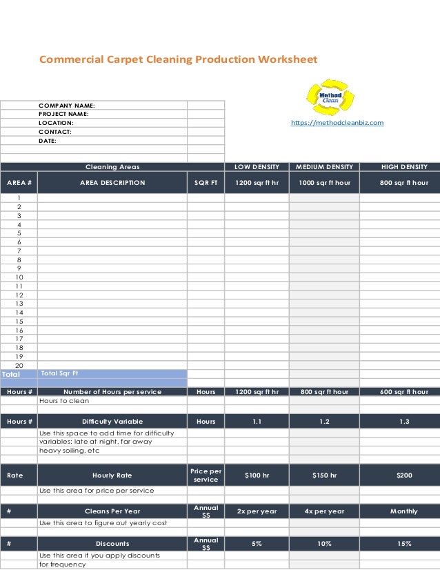 Carpet Cleaning Pricing and Production Rates Worksheet