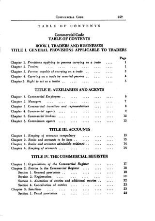 COMMERCIAL      CODE                  259

                      TABLE             OF       CONTENTS

                                  Commercial Code
                               TABLE OF CONTENTS
                  BOOK I. TRADERS AND BUSINESSES
TITLE       I. GENERAL PROVISIONS APPLICABLE TO TRADERS

                                                                          Page
Chapter     1. Provisions applying to persons carrying on a trade            1
Chapter     2. Traders                                                       1
Chapter     3. Persons capable of carrying on a trade. .                     3
Chapter     4. Carrying on a trade by married persons. .                     4
Chapter    5. Right to act as a trader. .                                    5

                    TITLE II. AUXILIARIES             AND AGENTS
Chapter    1.   Commercial   Employees.    .                                 6
Chapter    2.   Managers                                                     7
Chapter    3.   Commercial    travellers and representatives                 8
Chap,ter   4.   Commercial   agents                                          9
Chapter    5.   Commercial   brokers. . . .                                 12
Ohapter    6.   Commissian    agents                                        13

                               TITLE III. ACCOUNTS              -


Chapter    1.   Keeping of accounts compulsory                              13
Chapter    2.   Books and accounts to be kept ..                            13
Chap.ter   3.   Books and accounts admissible eviJenee . .                  14
Chapter    4.   Keeping of accounts. . . .                                  14

                  TITLE IV. THE COMMERCIAL                     REGISTER
Chapter 1. Organisatian of the Commercial Repter                            17
Chapter 2. Entries in the Commercial Register.     ...                      18
    Section 1. General provisions. .                                        18
    Section 2. Registration                                                 19
    Section 3. Alteration of entries and additional entries.        .       22
    Section 4. Cancellation of entries                                      23
Chapter 3. Sanctians                                                        23
    Section 1. Penal provisions                                             23
 